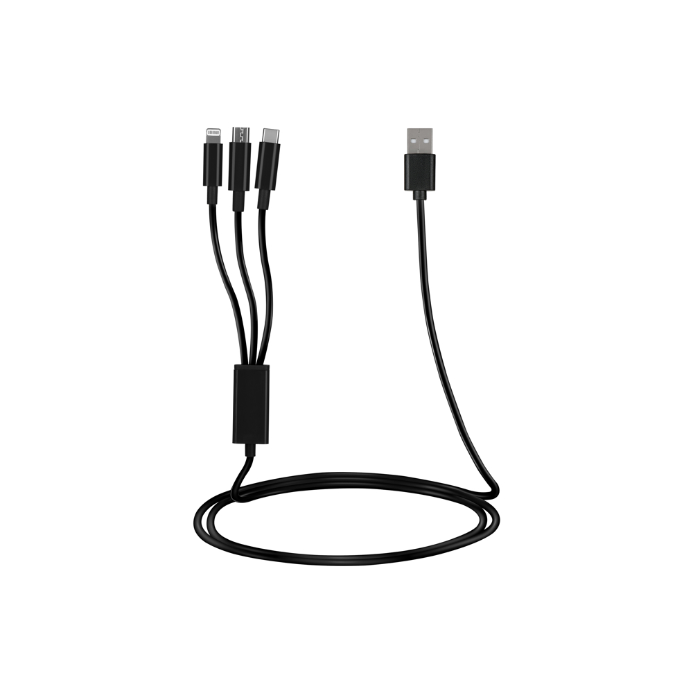 USB კაბელი 2E USB Cable 3 in 1 Micro / Lightning / Type-C 5V / 2.4A 1.2m / Black