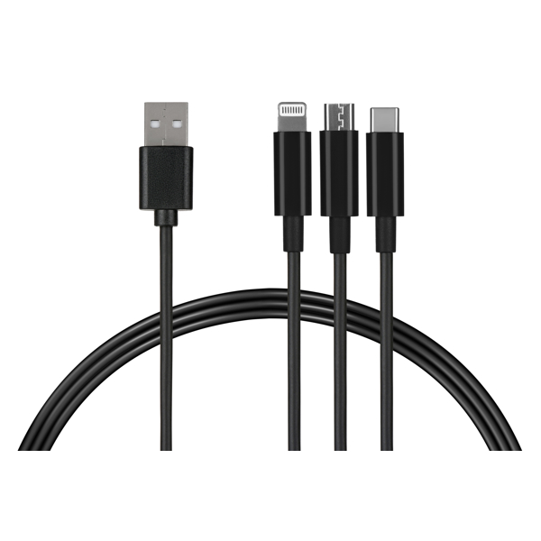 USB კაბელი 2E USB Cable 3 in 1 Micro / Lightning / Type-C 5V / 2.4A 1.2m / Black