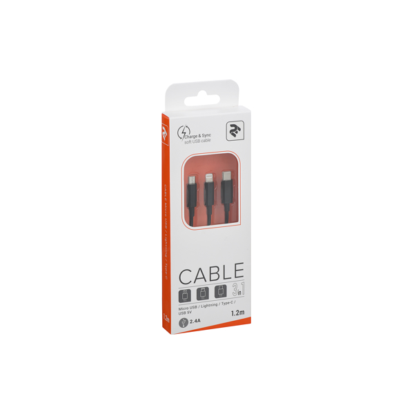 USB კაბელი 2E USB Cable 3 in 1 Micro / Lightning / Type-C 5V / 2.4A 1.2m / Black
