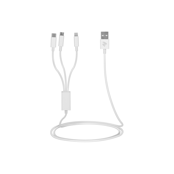USB კაბელი 2E USB Cable 3 in 1 Micro / Lightning / Type-C 5V / 2.4A 1.2m / White