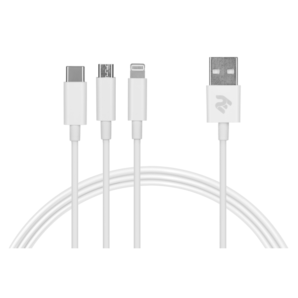 USB კაბელი 2E USB Cable 3 in 1 Micro / Lightning / Type-C 5V / 2.4A 1.2m / White