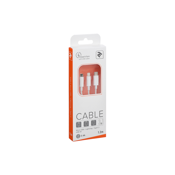 USB კაბელი 2E USB Cable 3 in 1 Micro / Lightning / Type-C 5V / 2.4A 1.2m / White