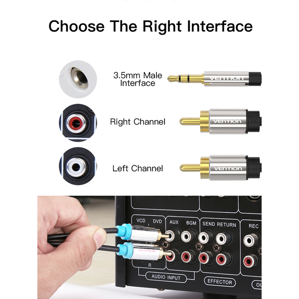 აუდიო კაბელი VENTION BCFBD 3.5mm Male to 2RCA Male Audio Cable Metal Type 0.5M Black