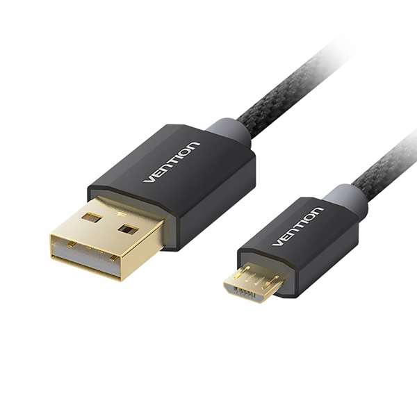 USB კაბელი VENTION CADBH Cotton Braided USB2.0 A Male to Micro B Male Cable 2M Black Metal Type Gold Plated