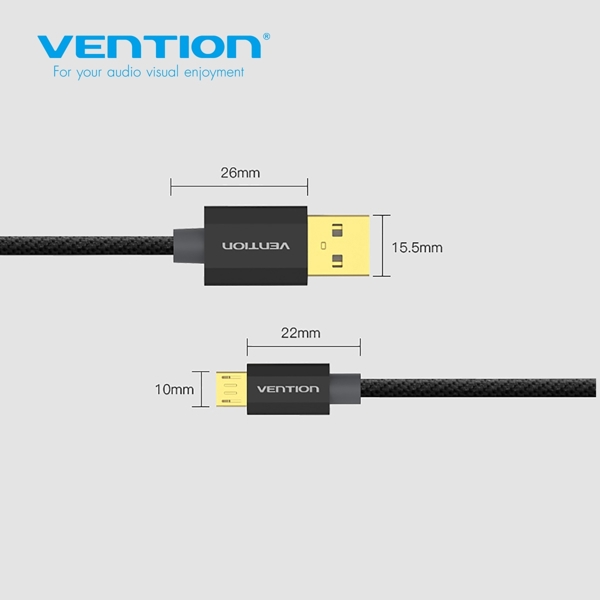 USB კაბელი VENTION CADBH Cotton Braided USB2.0 A Male to Micro B Male Cable 2M Black Metal Type Gold Plated