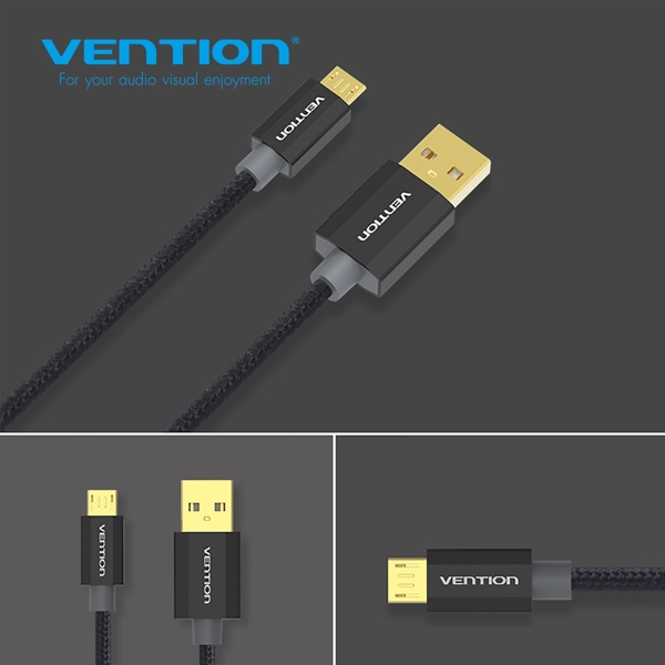 USB კაბელი VENTION CADBH Cotton Braided USB2.0 A Male to Micro B Male Cable 2M Black Metal Type Gold Plated