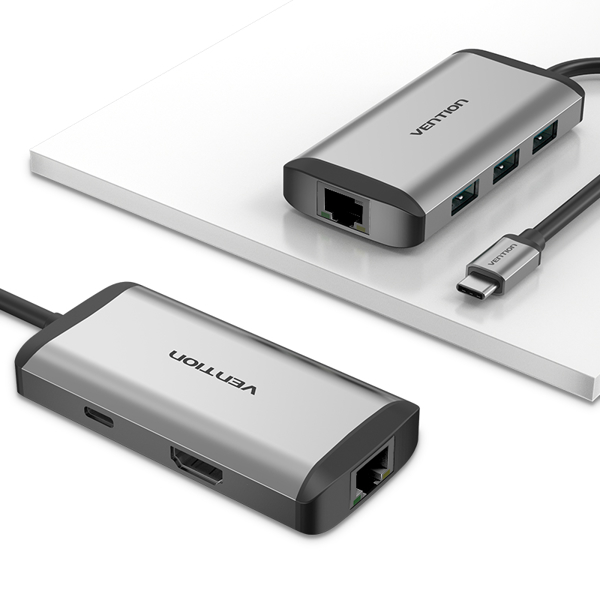 USB ჰაბი VENTION CNCHB Type-C to HDMI/USB3.0*3/RJ45/PD Converter 0.15M Gray Metal Type
