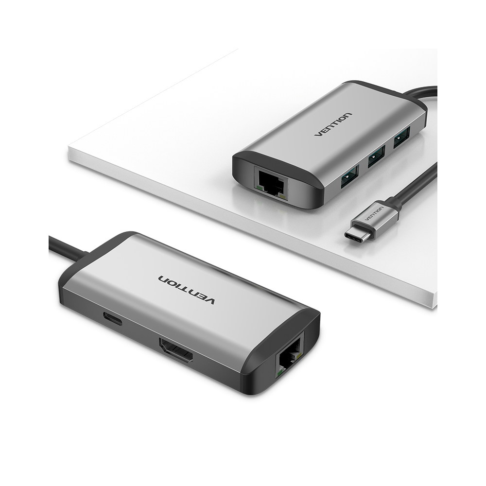 USB ჰაბი VENTION CNCHB Type-C to HDMI/USB3.0*3/RJ45/PD Converter 0.15M Gray Metal Type