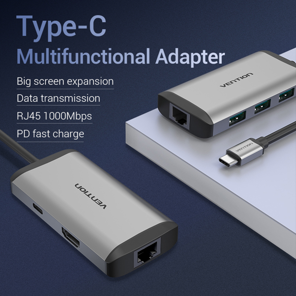 USB ჰაბი VENTION CNCHB Type-C to HDMI/USB3.0*3/RJ45/PD Converter 0.15M Gray Metal Type