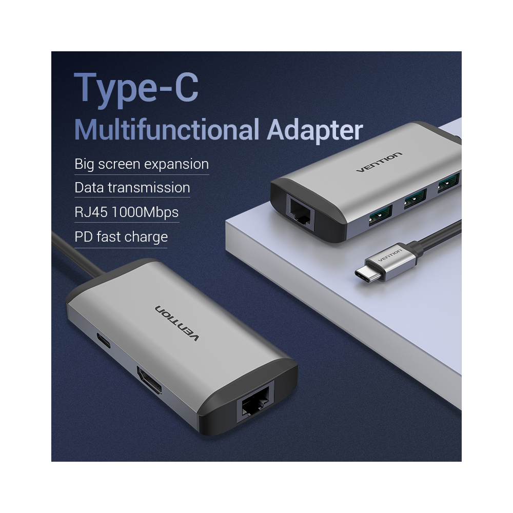 USB ჰაბი VENTION CNCHB Type-C to HDMI/USB3.0*3/RJ45/PD Converter 0.15M Gray Metal Type