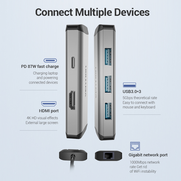 USB ჰაბი VENTION CNCHB Type-C to HDMI/USB3.0*3/RJ45/PD Converter 0.15M Gray Metal Type