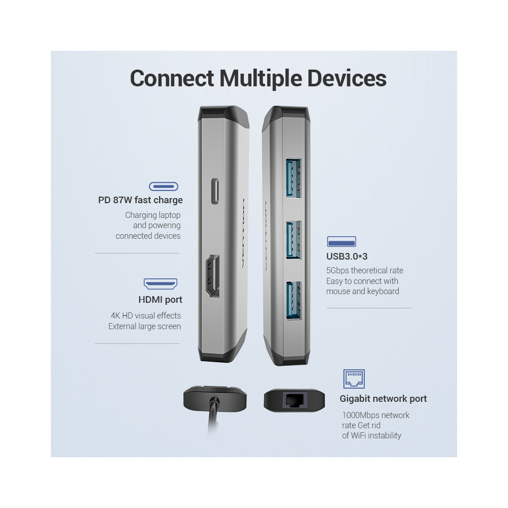 USB ჰაბი VENTION CNCHB Type-C to HDMI/USB3.0*3/RJ45/PD Converter 0.15M Gray Metal Type