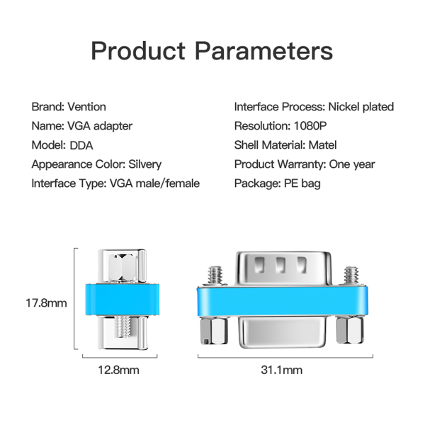 VGA ადაპტერი VENTION DDAI0 VGA Male to Female Adapter Silvery Metal Type