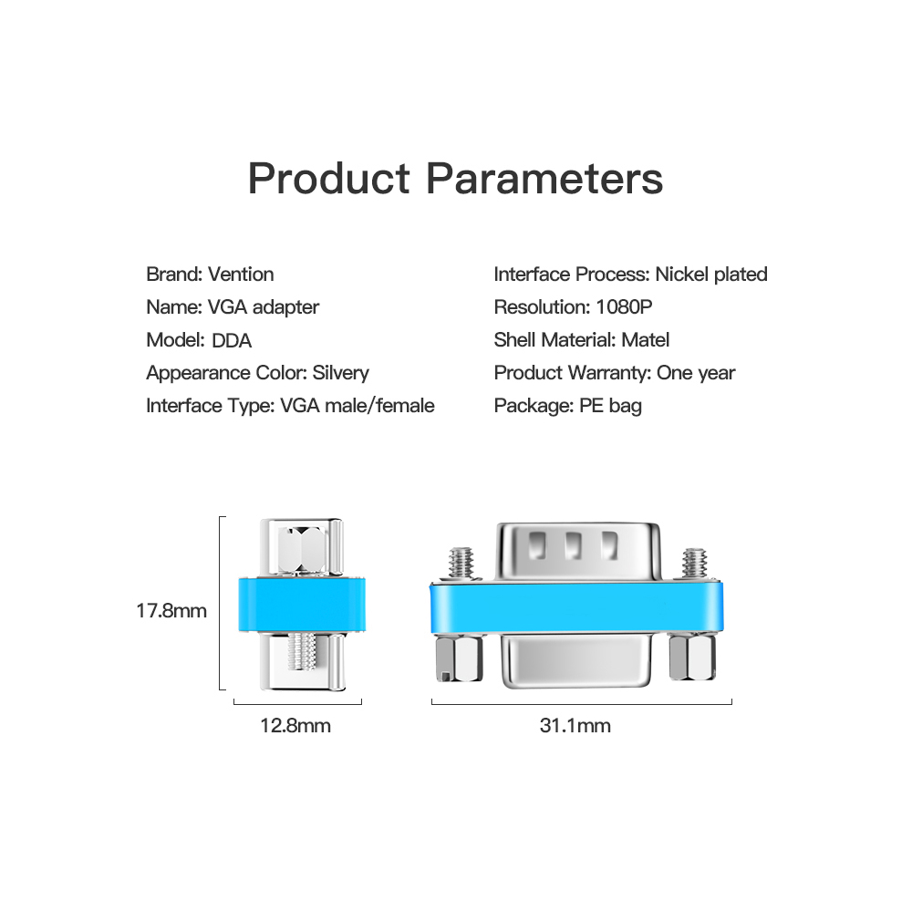VGA ადაპტერი VENTION DDAI0 VGA Male to Female Adapter Silvery Metal Type