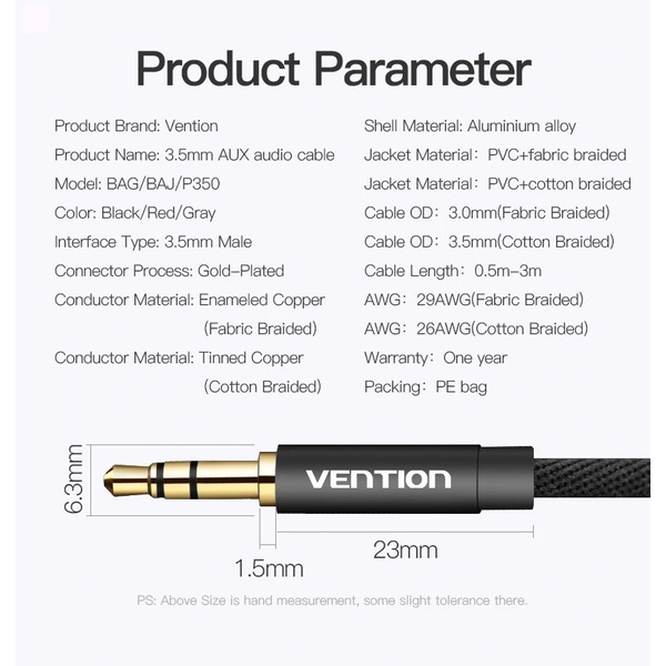 აუდიო კაბელი VENTION P350AC200-B-M Cotton Braided 3.5mm Male to Male Audio Cable 2M Black Metal Type