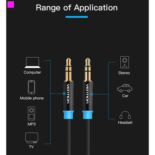 აუდიო კაბელი VENTION P350AC200-B-M Cotton Braided 3.5mm Male to Male Audio Cable 2M Black Metal Type