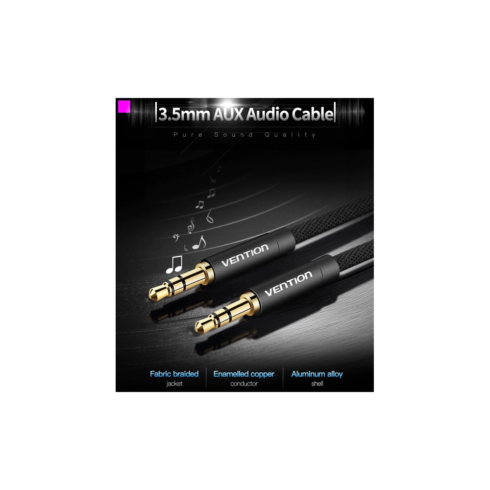 აუდიო კაბელი VENTION P350AC300-B-M Cotton Braided 3.5mm Male to Male Audio Cable 3M Black Metal Type