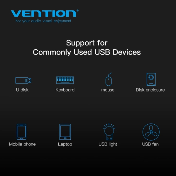 USB ჰაბი VENTION VAS-J43-B050 4 Ports USB2.0 HUB 0.5M Black