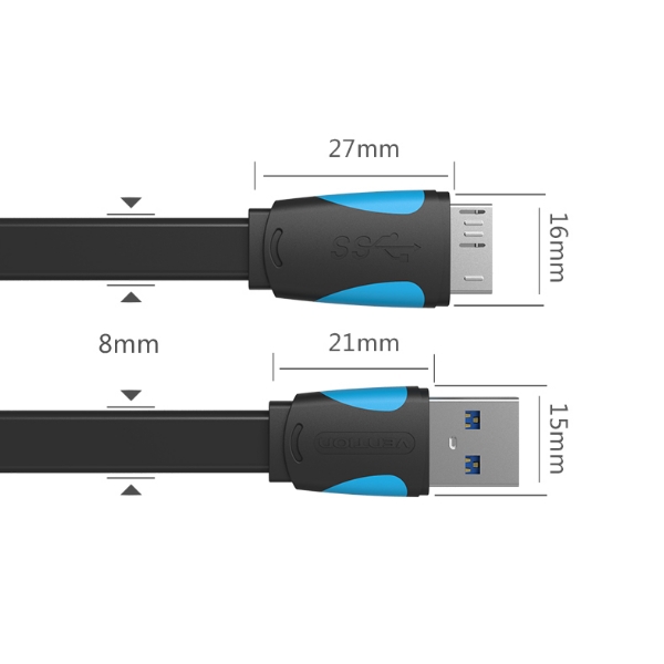 Micro USB კაბელი Vention VAS-A12-B050 Flat USB3.0 A Male to Micro B Male Cable 0.5M Black