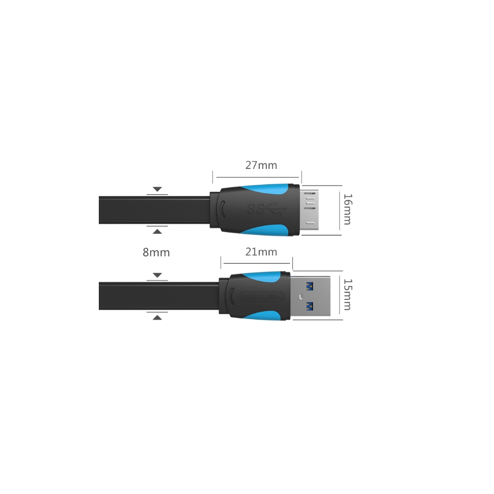 VAS-A12-B050 Flat USB3.0 A Male to Micro B Male Cable 0.5M Black
