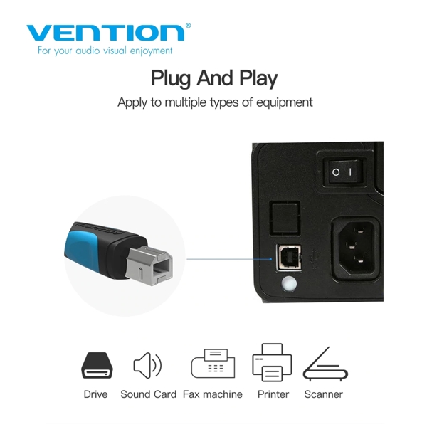 USB კაბელი VENTION VAS-A16-B500 USB2.0 A Male to B Male Print Cable 5M Black