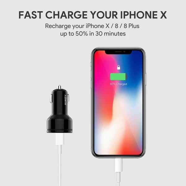 მანქანის დამტენი AUKEY CC-Y7 USB-C 2-Port 36W Power Delivery 2.0 Car Charger Black