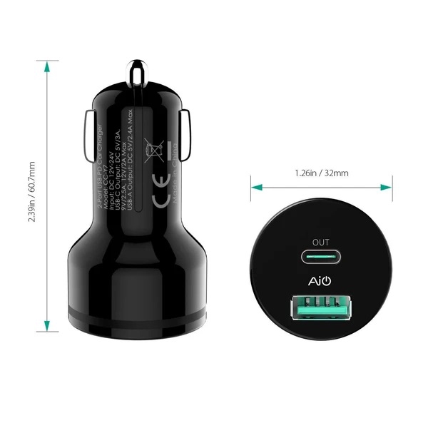 მანქანის დამტენი AUKEY CC-Y7 USB-C 2-Port 36W Power Delivery 2.0 Car Charger Black