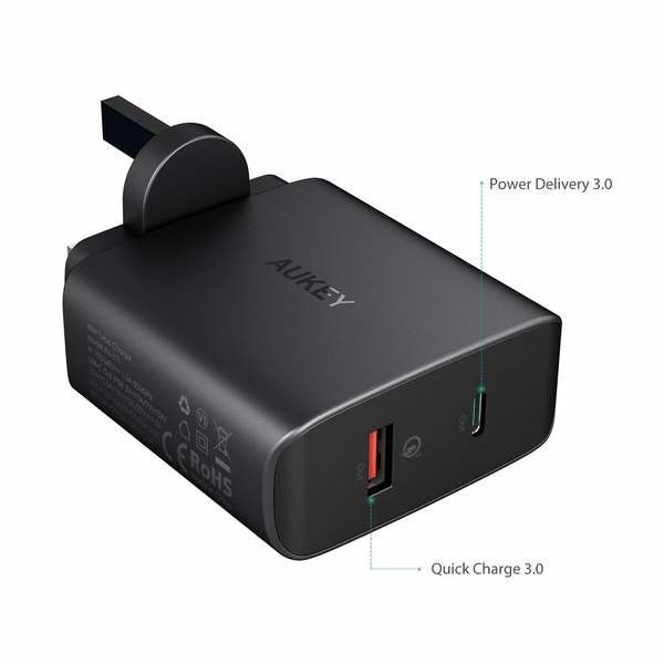 დამტენი AUKEY PA-Y11 48W 2 Port USB-C With PD2.0 + Quick Charge 3.0 Black