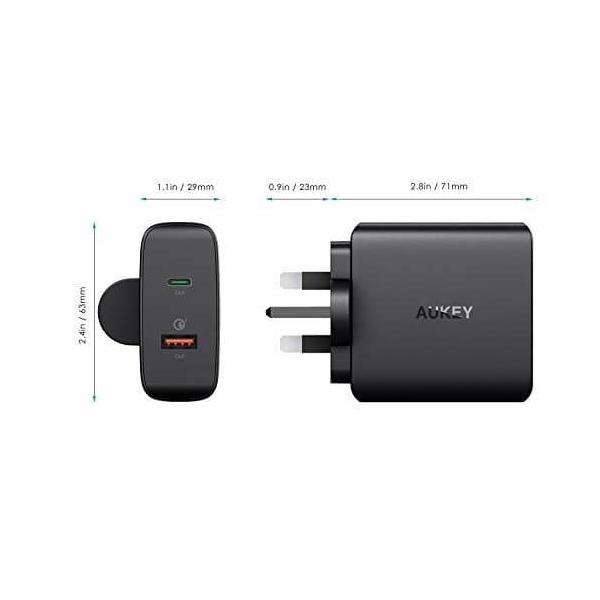 დამტენი AUKEY PA-Y11 48W 2 Port USB-C With PD2.0 + Quick Charge 3.0 Black