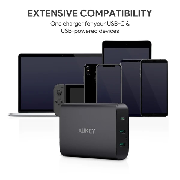 დამტენი AUKEY PA-Y12 72W Dual-Port USB-A 12W + Singal-Port USB-C With PD 60W Black