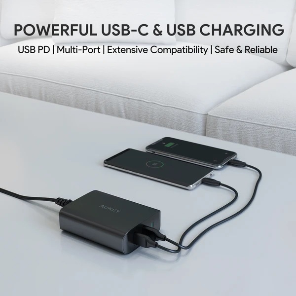 დამტენი AUKEY PA-Y12 72W Dual-Port USB-A 12W + Singal-Port USB-C With PD 60W Black