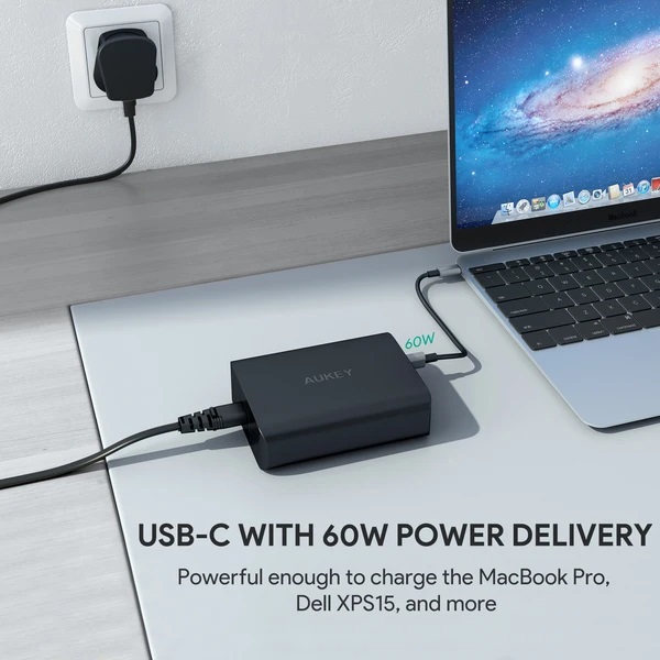 დამტენი AUKEY PA-Y12 72W Dual-Port USB-A 12W + Singal-Port USB-C With PD 60W Black