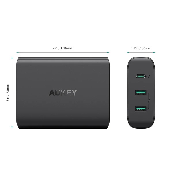 დამტენი AUKEY PA-Y12 72W Dual-Port USB-A 12W + Singal-Port USB-C With PD 60W Black