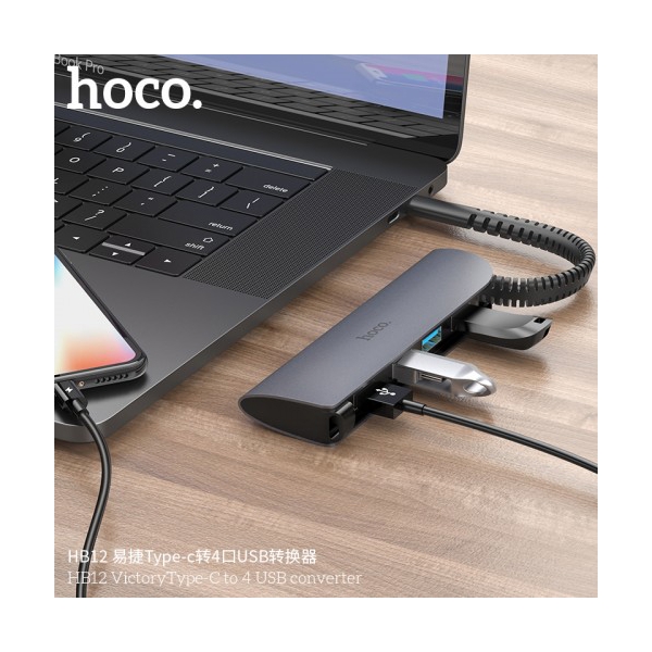 USB ჰაბი HOCO HB12 Victory Type-C To 4 USB Converter Metal Gray