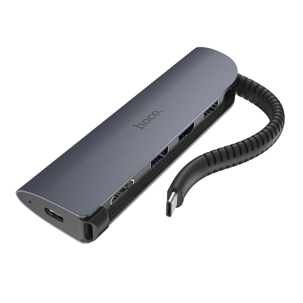 USB ჰაბი HOCO HB13 EasyLink Type-C Converter Metal Gray (Type-C to USB3.0*3 + HDMI + PD)