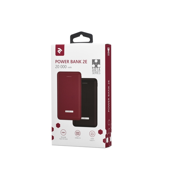 პორტატული დამტენი  2Е SOTA series Slim 20000mAh / DC 5V / 2USB-2.1A&2.1A / red