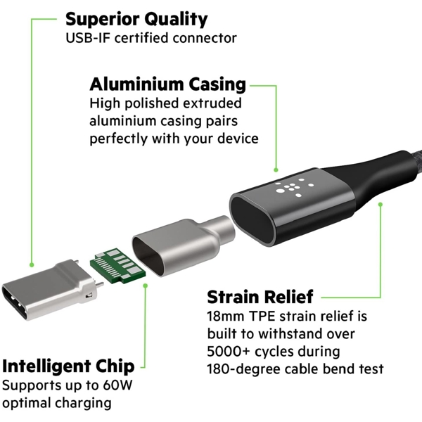 USB კაბელი Belkin MIXIT DuraTek USB Type-C to USB Type-A Cable 4' Black