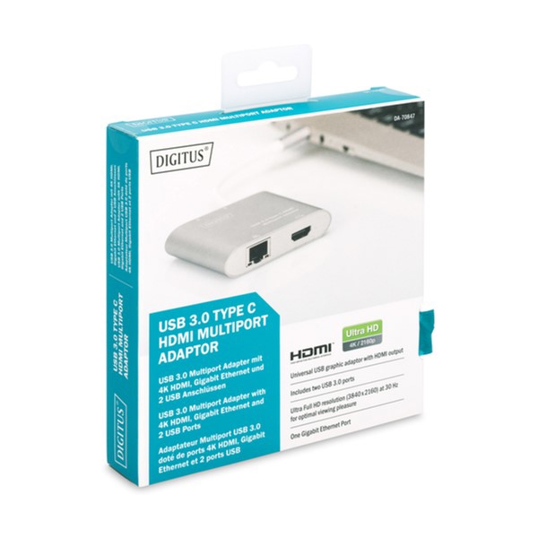 USB ჰაბი Digitus USB Type-C USB 3.0 Multiport adapter 4K HDMI 2xUSB 3.0 Gigabit Ethernet 0.15 m Sliver