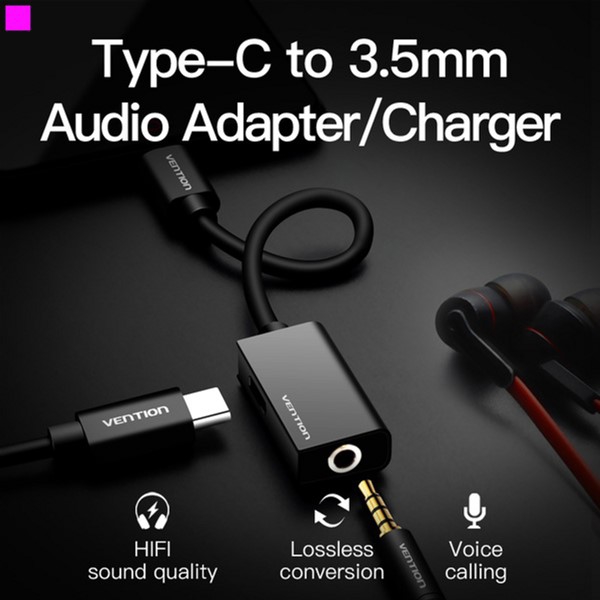 აუდიო კაბელი VENTION BGGBA Type-C to 3.5mm Audio Cable with Type-C Power Supply 0.1M Metal Type Black