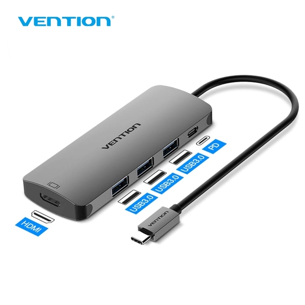 USB ჰაბი VENTION CGPHA Type-C to HDMI/USB3.0 Converter with PD Power Supply 0.1M Metal Typee Gray