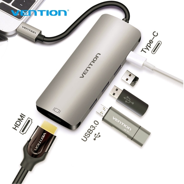 USB ჰაბი VENTION CGPHA Type-C to HDMI/USB3.0 Converter with PD Power Supply 0.1M Metal Typee Gray