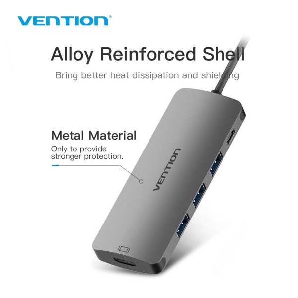 USB ჰაბი VENTION CGPHA Type-C to HDMI/USB3.0 Converter with PD Power Supply 0.1M Metal Typee Gray