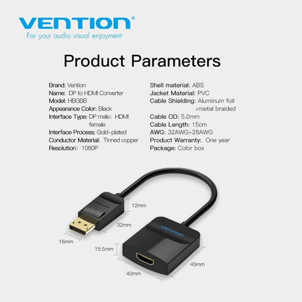 გადამყვანი Vention HBGBB DP to HDMI Converter 0.15M Black