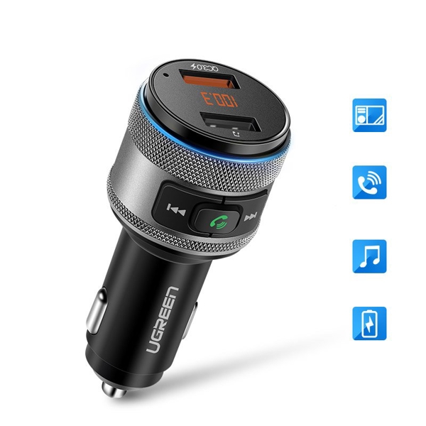 მანქანის მულტიფუნქციური დამტენი UGREEN ED029 (60283) Bluetooth FM Transmitter for Car Quick Charge 3.0 + FM + Bluetooth 4.2 (Black/Gray)