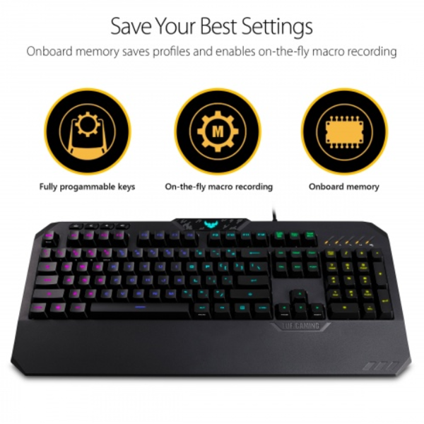 კლავიატურა ASUS TUF Gaming K5 Mechanical Membrane RGB Gaming Keyboard with Programmable Onboard Memory, Media Controls and Aura Sync RGB Lighting, Black