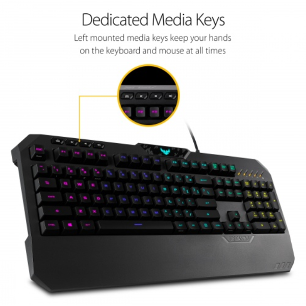 კლავიატურა ASUS TUF Gaming K5 Mechanical Membrane RGB Gaming Keyboard with Programmable Onboard Memory, Media Controls and Aura Sync RGB Lighting, Black