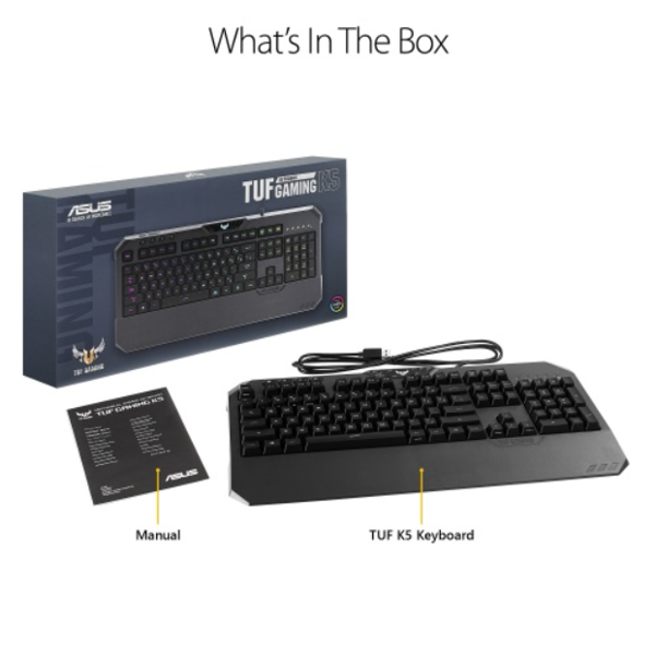 კლავიატურა ASUS TUF Gaming K5 Mechanical Membrane RGB Gaming Keyboard with Programmable Onboard Memory, Media Controls and Aura Sync RGB Lighting, Black