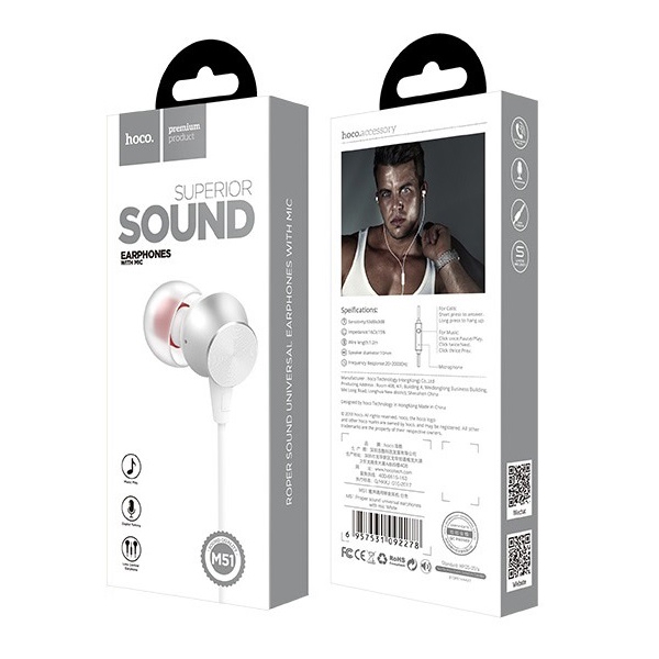 ყურსასმენები HOCO M51 Proper sound universal earphones with mic White