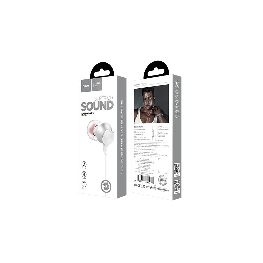 ყურსასმენები HOCO M51 Proper sound universal earphones with mic White