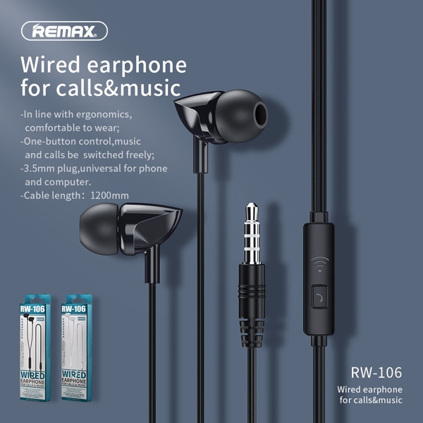 ყურსასმენი REMAX Wired Earphone For Calls & Music RW-106 black